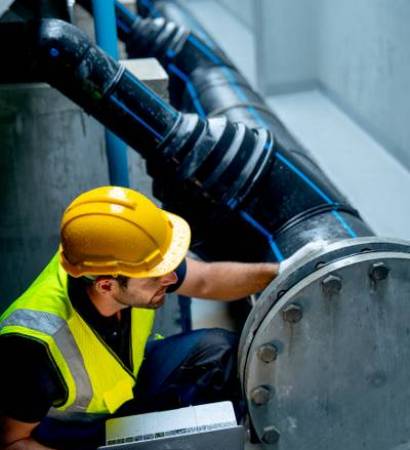 Vertical image of engineer or technician worker use laptop to check pipe system of factory building during raining.
